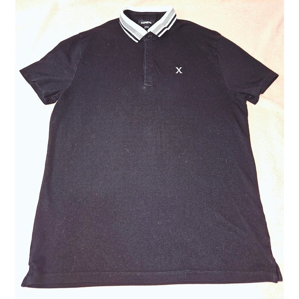 Express Men's Black Short Sleeve Polo Shirt Striped Collar Size L